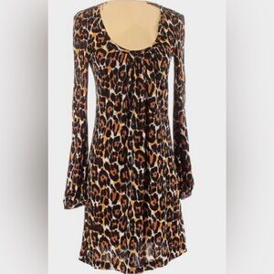 TRINA TURK 100% Silk Jersey Knit Leopard Print Stretch Long Sleeve Shift Dress 6